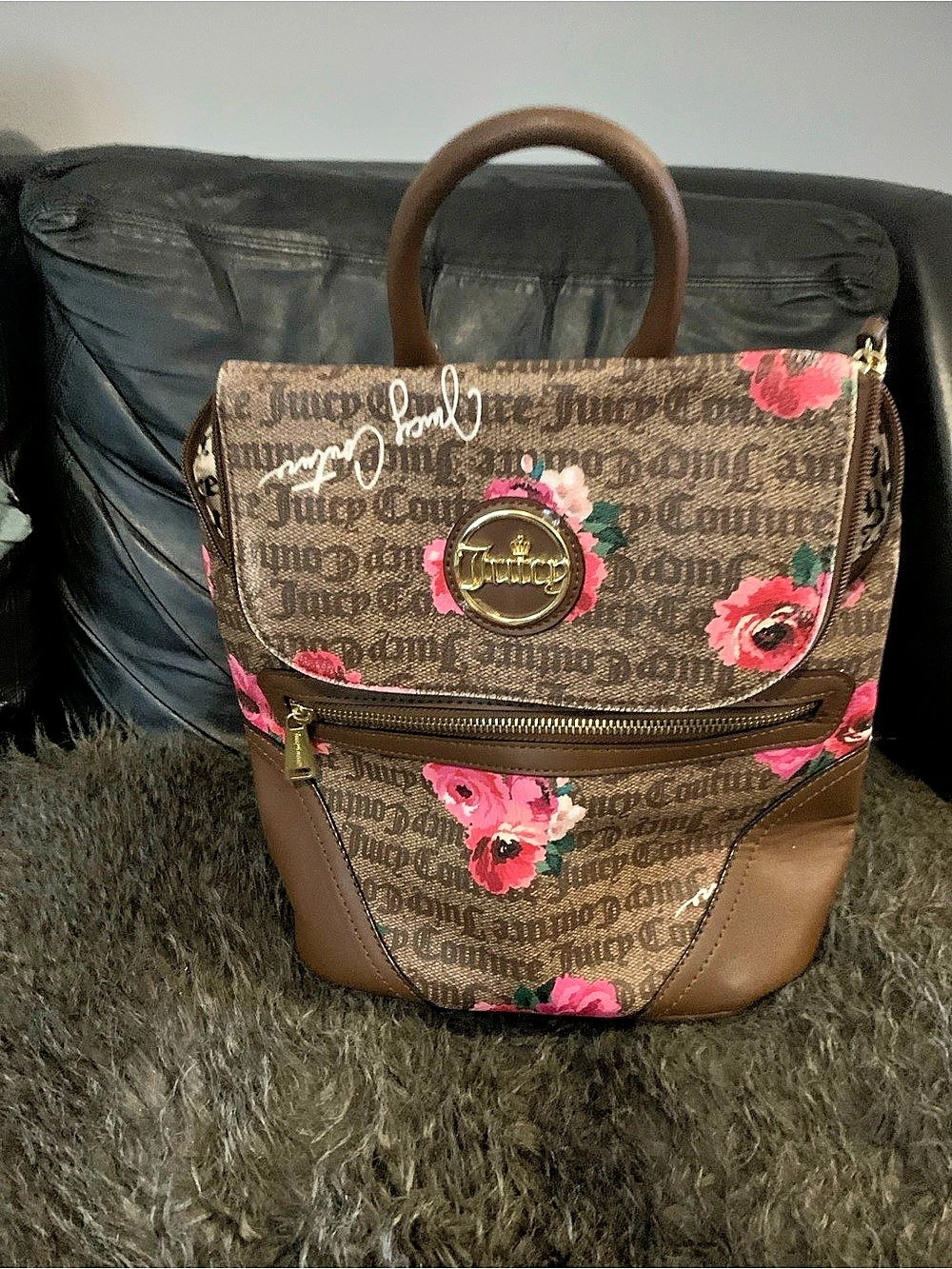 Juicy Couture Brown Floral Monogram Backpack in Brown & Pink